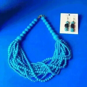 Blue beaded necklace with turquoise like black stone earrings set